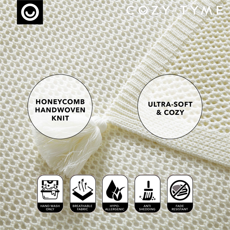 Margo Ivory Acrylic 50x60 Inches Wool-like 4 Corner Tassel Knit Throw Blanket
