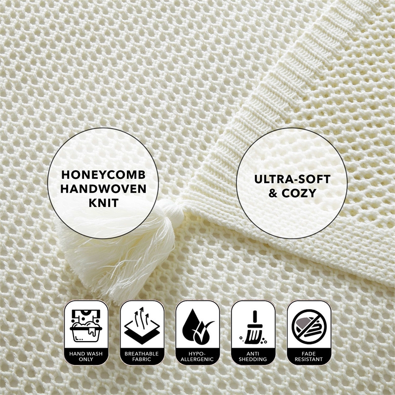 Margo Ivory Acrylic 50x60 Inches Wool-like 4 Corner Tassel Knit Throw Blanket