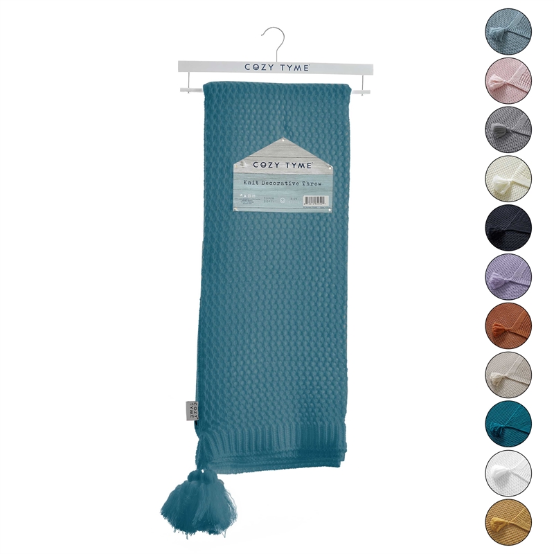 Margo Teal Acrylic 50x60 Inches Wool-like 4 Corner Tassel Knit Throw Blanket