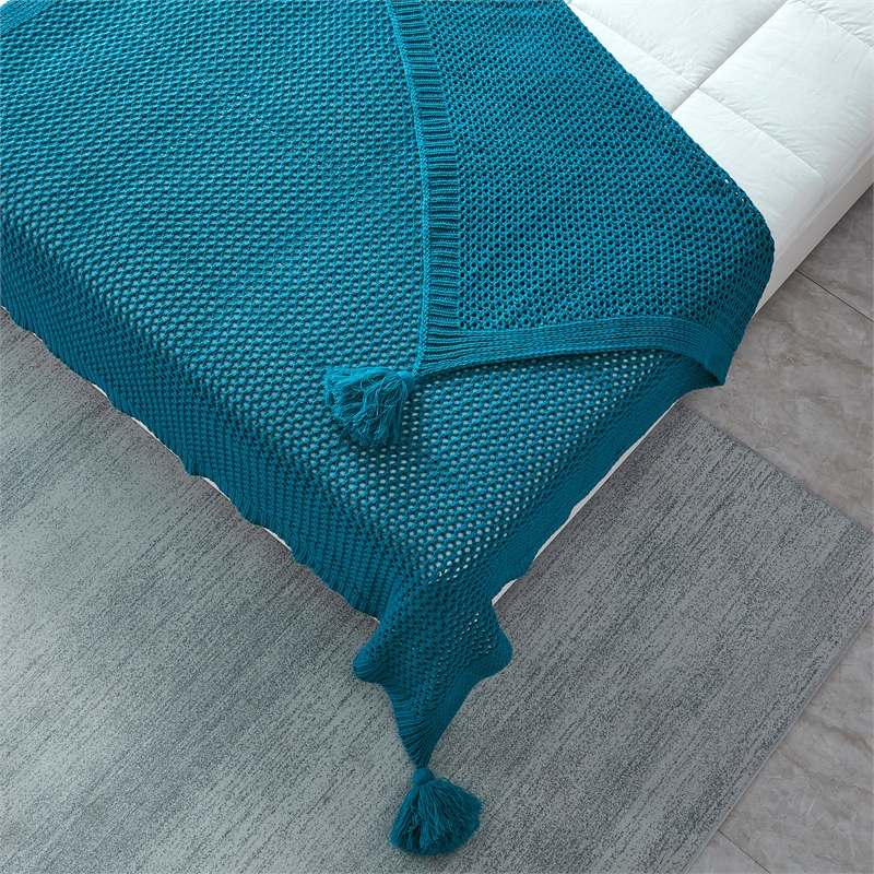 Margo Teal Acrylic 50x60 Inches Wool-like 4 Corner Tassel Knit Throw Blanket