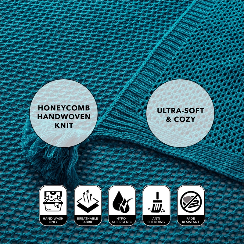 Margo Teal Acrylic 50x60 Inches Wool-like 4 Corner Tassel Knit Throw Blanket