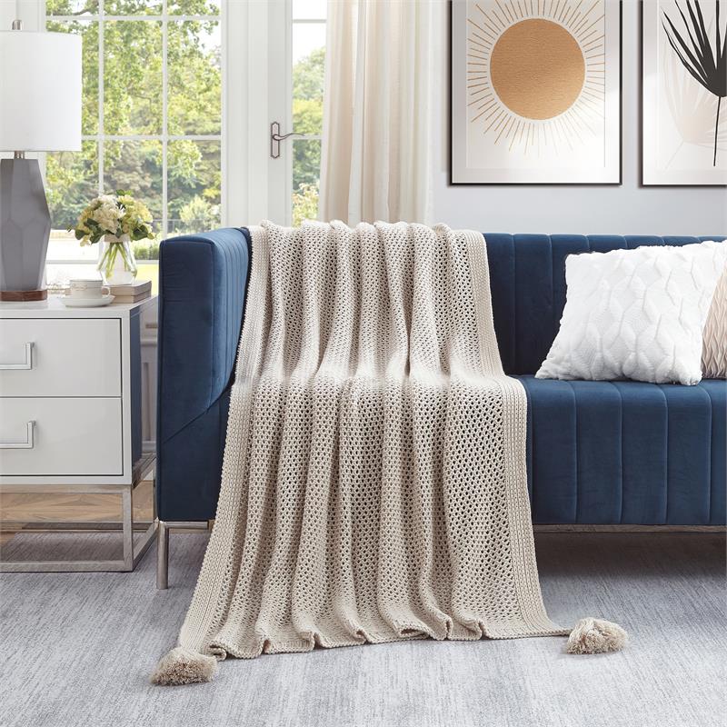 Margo Sand Acrylic 50x60 Inches Wool-like 4 Corner Tassel Knit Throw Blanket