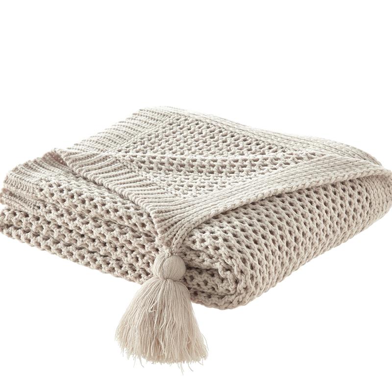 Margo Sand Acrylic 50x60 Inches Wool-like 4 Corner Tassel Knit Throw Blanket
