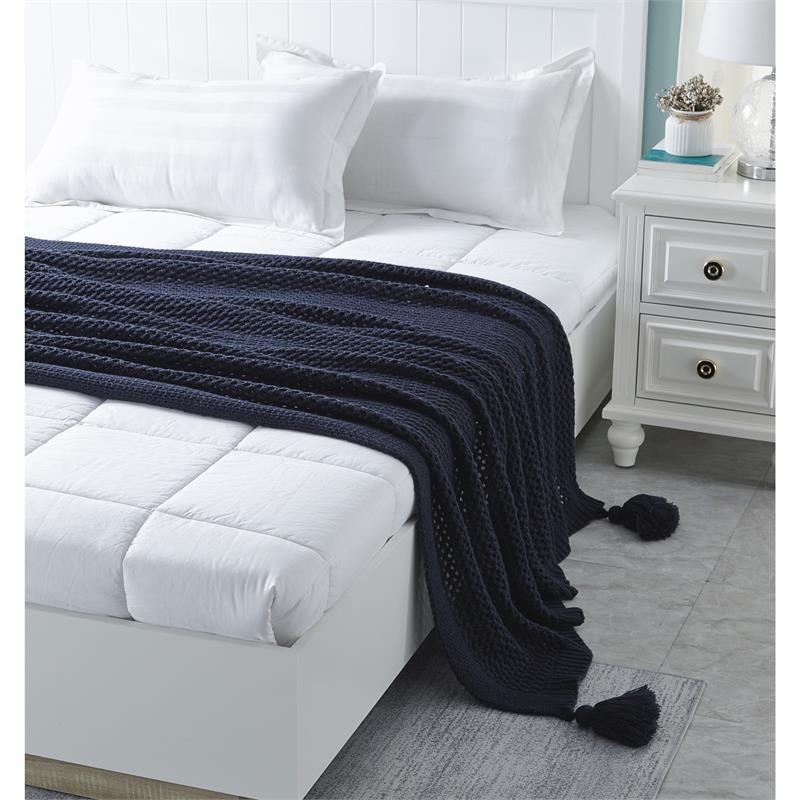 Margo Navy Acrylic 50x60 Inches Wool-like 4 Corner Tassel Knit Throw Blanket