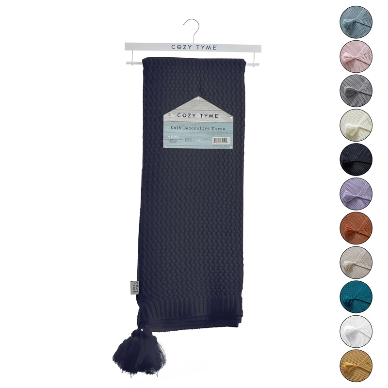 Margo Navy Acrylic 50x60 Inches Wool-like 4 Corner Tassel Knit Throw Blanket