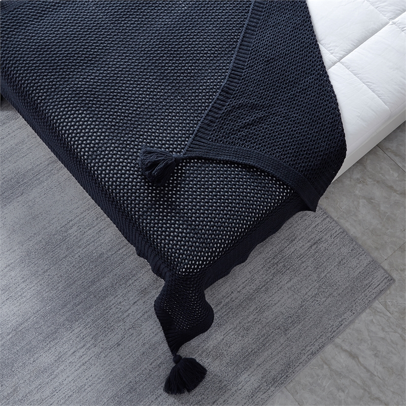 Margo Navy Acrylic 50x60 Inches Wool-like 4 Corner Tassel Knit Throw Blanket