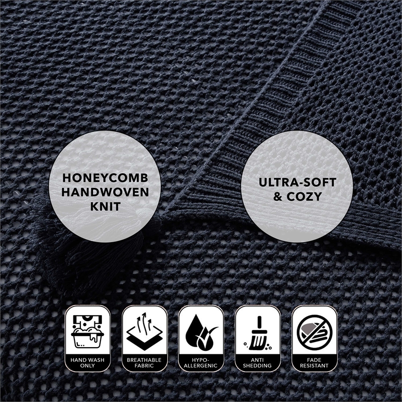 Margo Navy Acrylic 50x60 Inches Wool-like 4 Corner Tassel Knit Throw Blanket