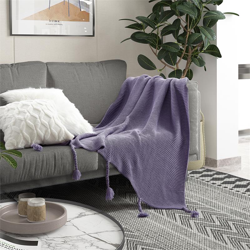 Tianna Purple Acrylic 50x60 Inches Wool-like Tassels Knit Throw Blanket