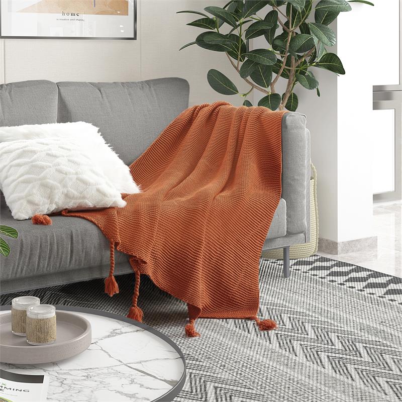 Tianna Rust Acrylic 50x60 Inches Wool-like Tassels Knit Throw Blanket