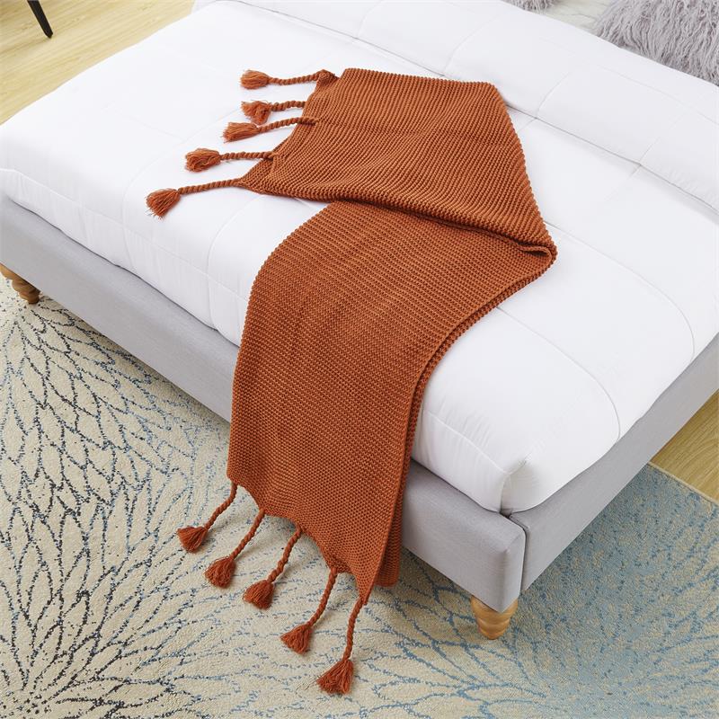 Tianna Rust Acrylic 50x60 Inches Wool-like Tassels Knit Throw Blanket