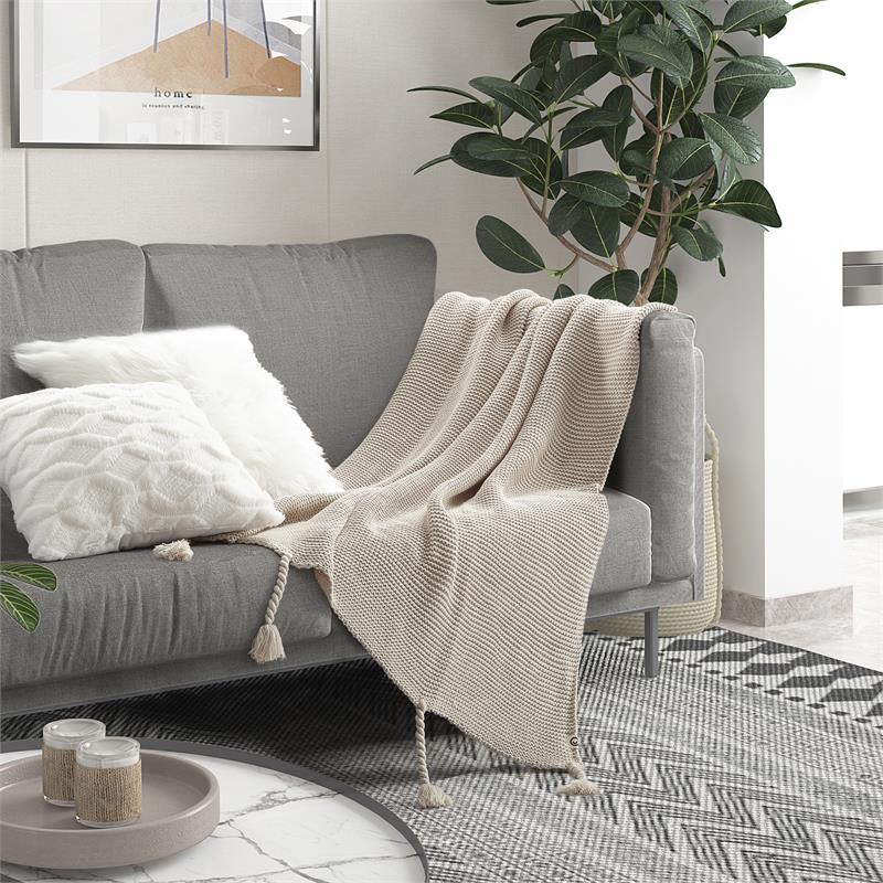 Tianna Sand Acrylic 50x60 Inches Wool-like Tassels Knit Throw Blanket