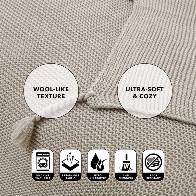 Tianna Sand Acrylic 50x60 Inches Wool-like Tassels Knit Throw Blanket