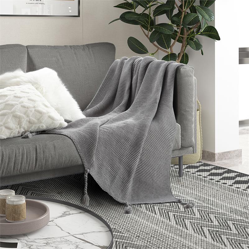 Tianna Grey Acrylic 50x60 Inches Wool-like Tassels Knit Throw Blanket