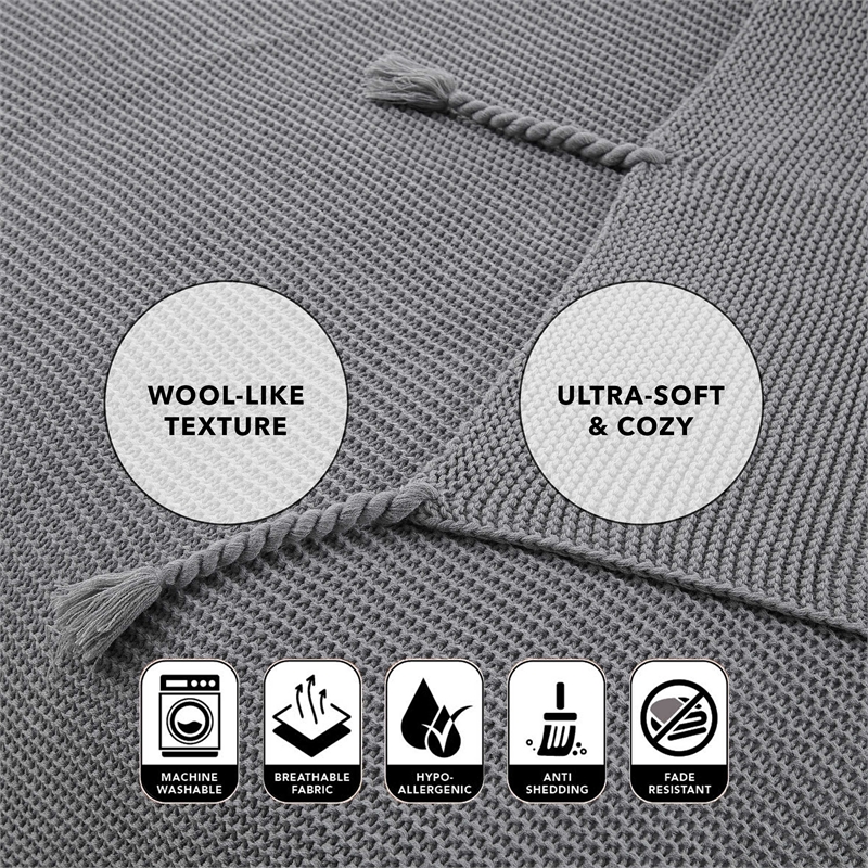 Tianna Grey Acrylic 50x60 Inches Wool-like Tassels Knit Throw Blanket
