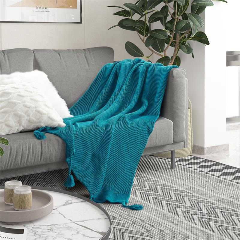 Tianna  Teal Acrylic 50x60 Inches Wool-like Tassels Knit Throw Blanket