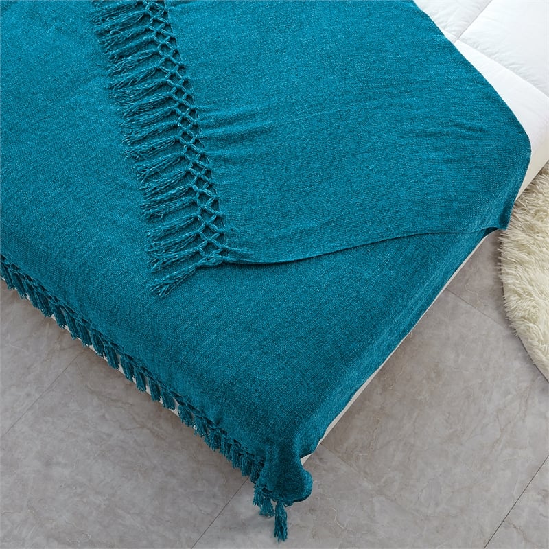 Tianna  Teal Acrylic 50x60 Inches Wool-like Tassels Knit Throw Blanket