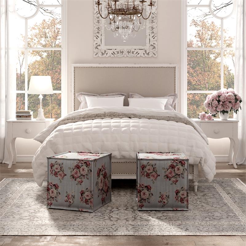 Capri  Ottoman  Manor  Floral  Linen  Upholstered  Piping  Accents