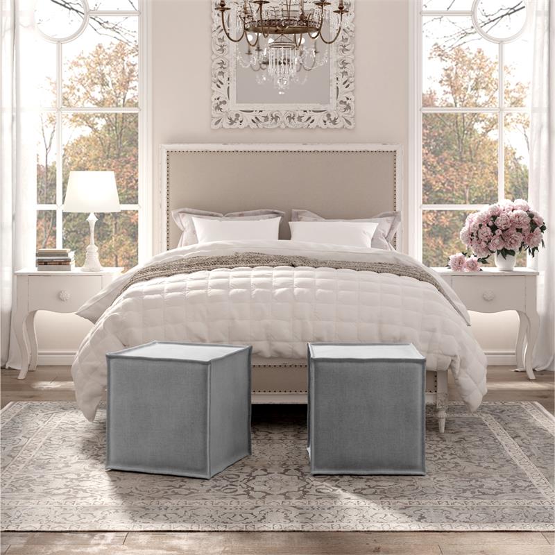 Capri  Ottoman  Light  Gray Linen  Upholstered  Piping  Accents