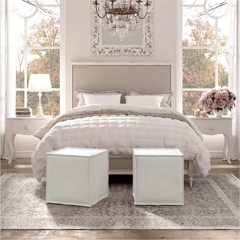 Capri  Ottoman  Pure  White  Linen  Upholstered  Piping  Accents