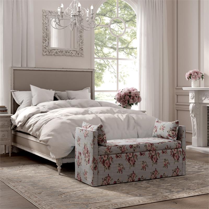 Yazmin  Bench  Manor  Floral  Linen  Upholstered  Piping  Details