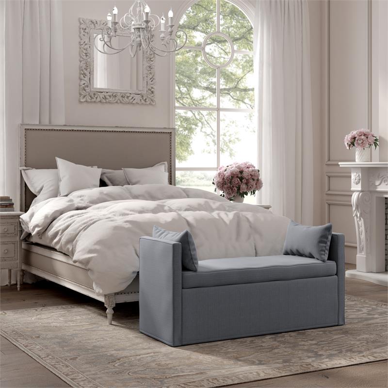 Yazmin  Bench  Dark  Gray Linen  Upholstered  Piping  Details