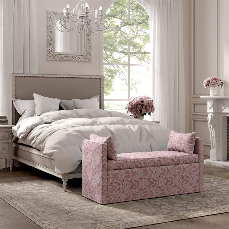 Yazmin Bench Paisley Red Linen Upholstered Piping Details