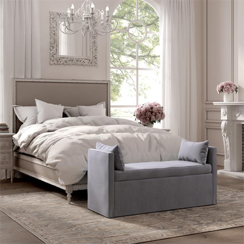 Yazmin  Bench  Light  Gray  Linen  Upholstered  Piping  Details