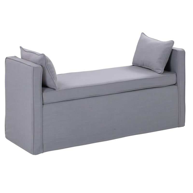 Yazmin  Bench  Light  Gray  Linen  Upholstered  Piping  Details
