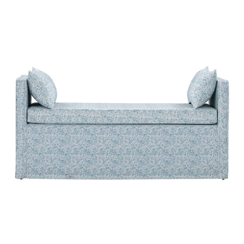Yazmin  Bench  Indes  Blue  Ground  Linen  Upholstered  Piping  Details