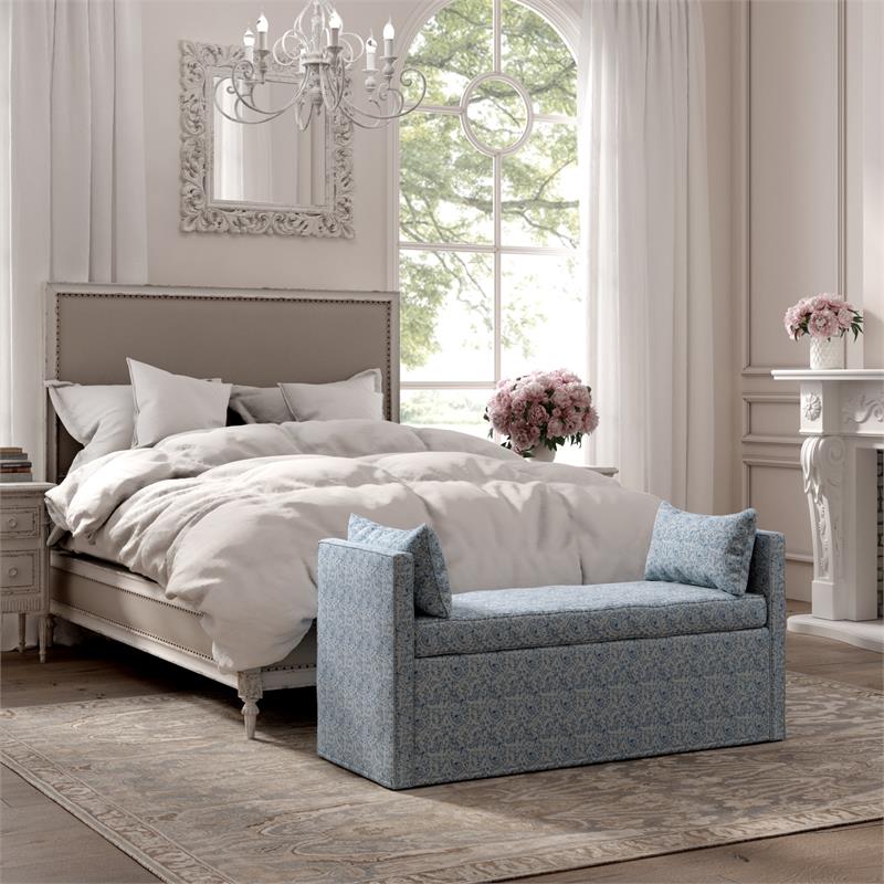 Yazmin  Bench  Indes  Blue  Ground  Linen  Upholstered  Piping  Details