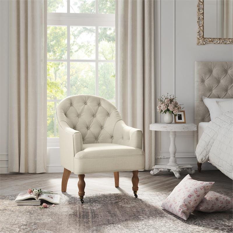 Jamiyah  Accent  Chair  Cream  White  Linen  Upholstered  Curved  Back