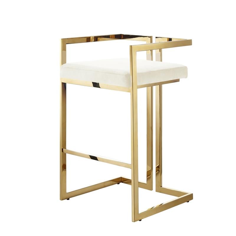 Kamiya  Bar  Stool  Cream White/Gold Velvet  Geometric  Frame  Upholstered