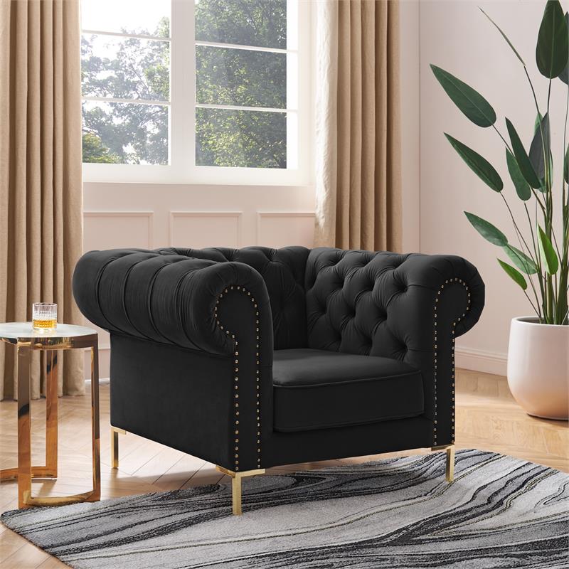 Arlette Club Chair Black Velvet Button Tufted Gold Nailhead Trim Sinuous Springs