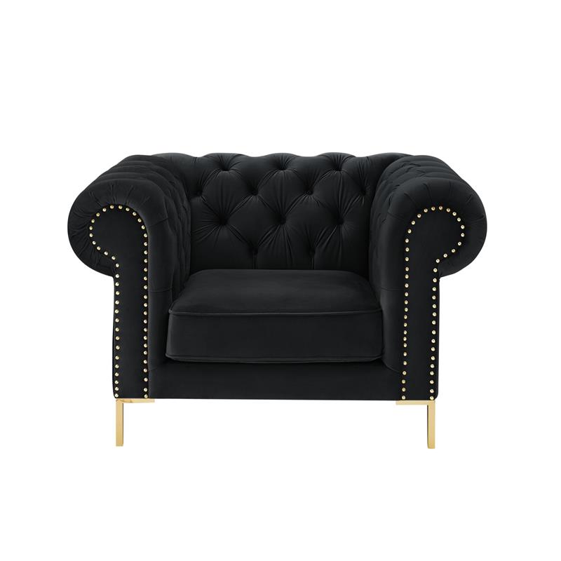 Arlette Club Chair Black Velvet Button Tufted Gold Nailhead Trim Sinuous Springs