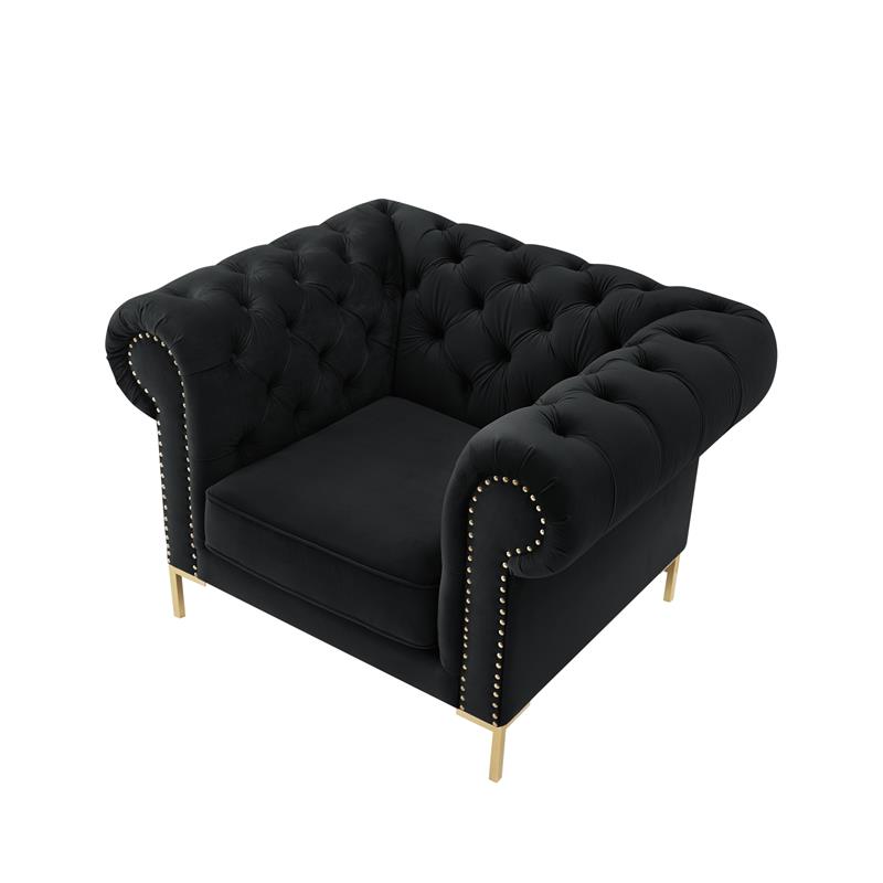 Arlette Club Chair Black Velvet Button Tufted Gold Nailhead Trim Sinuous Springs