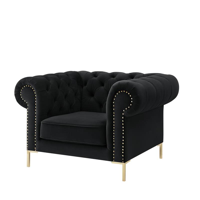 Arlette Club Chair Black Velvet Button Tufted Gold Nailhead Trim Sinuous Springs
