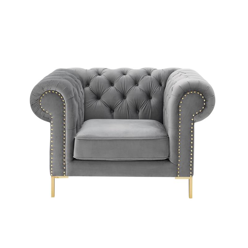 Arlette Club Chair Gray Velvet Button Tufted Gold Nailhead Trim Sinuous Springs