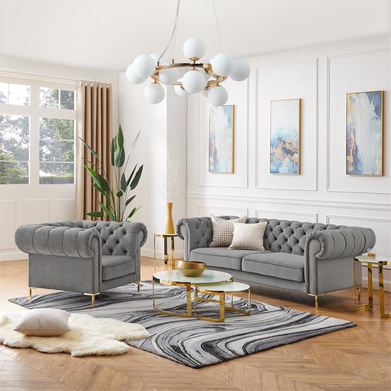 Arlette Club Chair Gray Velvet Button Tufted Gold Nailhead Trim Sinuous Springs