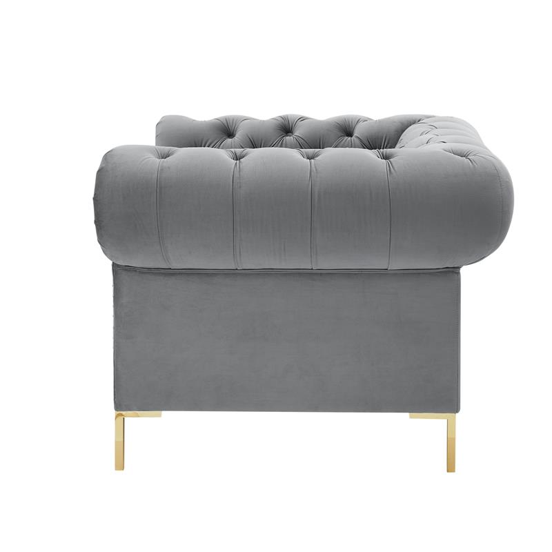 Arlette Club Chair Gray Velvet Button Tufted Gold Nailhead Trim Sinuous Springs