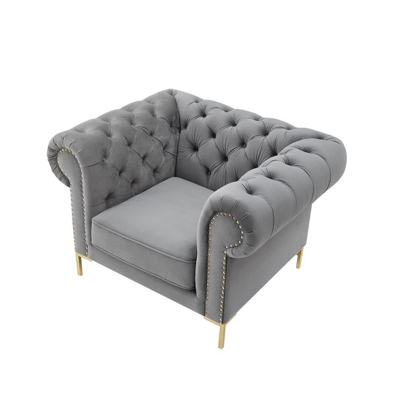 Arlette Club Chair Gray Velvet Button Tufted Gold Nailhead Trim Sinuous Springs