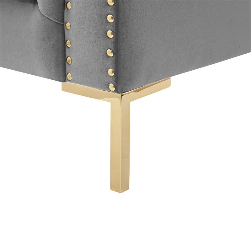 Arlette Club Chair Gray Velvet Button Tufted Gold Nailhead Trim Sinuous Springs