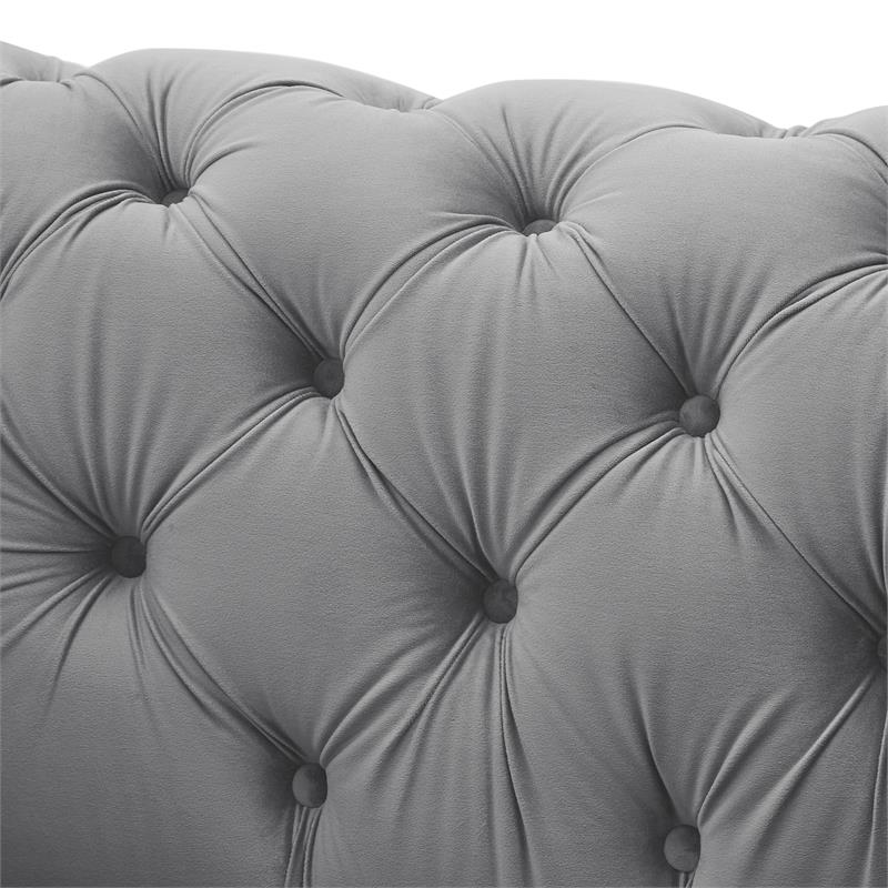 Arlette Club Chair Gray Velvet Button Tufted Gold Nailhead Trim Sinuous Springs