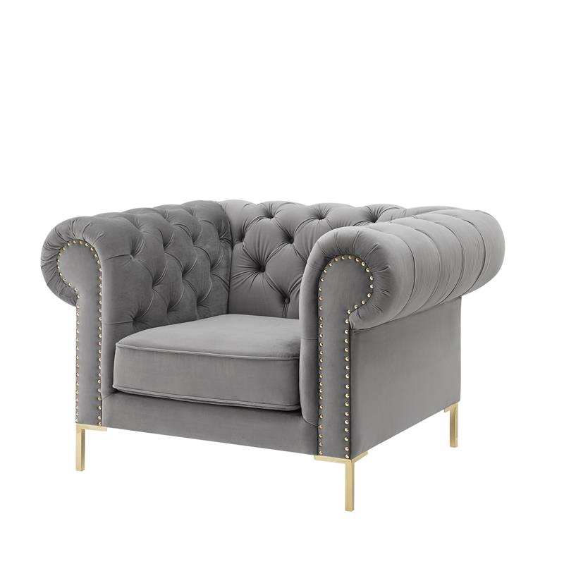 Arlette Club Chair Gray Velvet Button Tufted Gold Nailhead Trim Sinuous Springs
