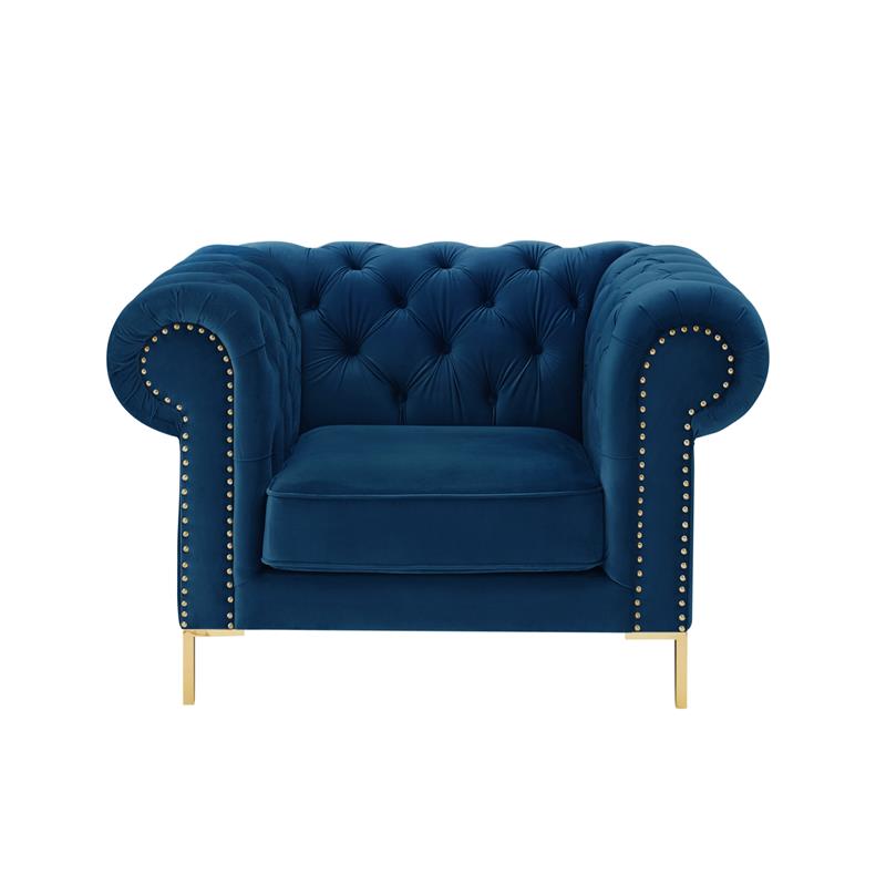 Arlette Club Chair Navy Velvet  Button Tufted Gold Nailhead Trim Sinuous Springs