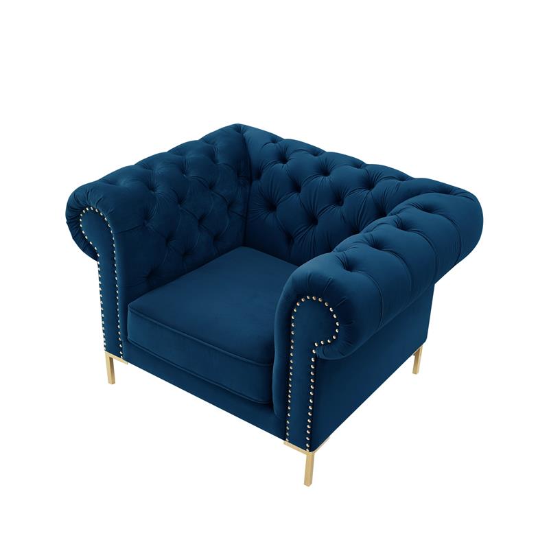 Arlette Club Chair Navy Velvet  Button Tufted Gold Nailhead Trim Sinuous Springs