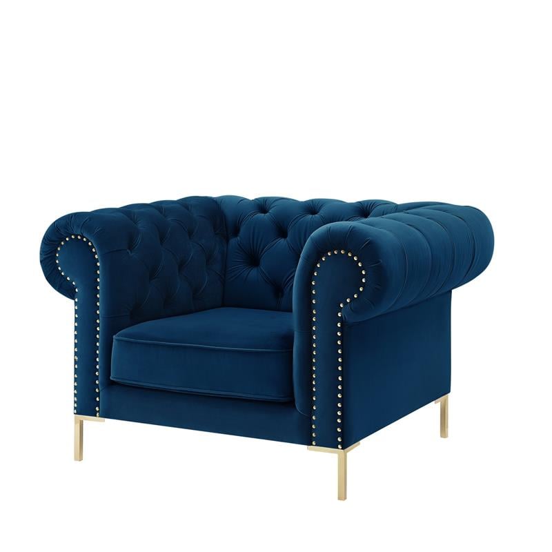 Arlette Club Chair Navy Velvet  Button Tufted Gold Nailhead Trim Sinuous Springs
