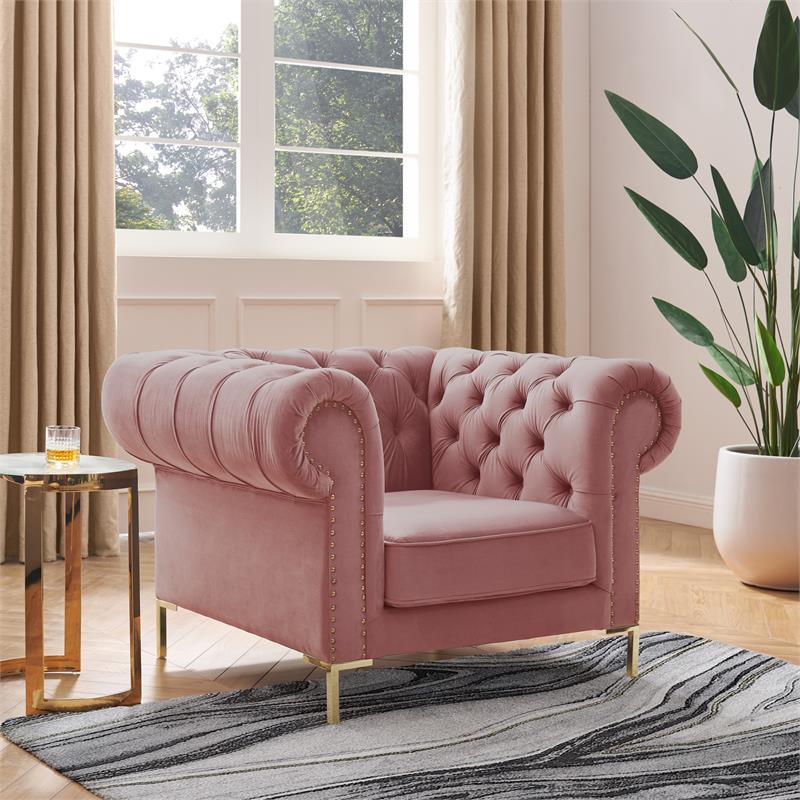 Arlette Club Chair Rust Velvet  Button Tufted Gold Nailhead Trim Sinuous Springs