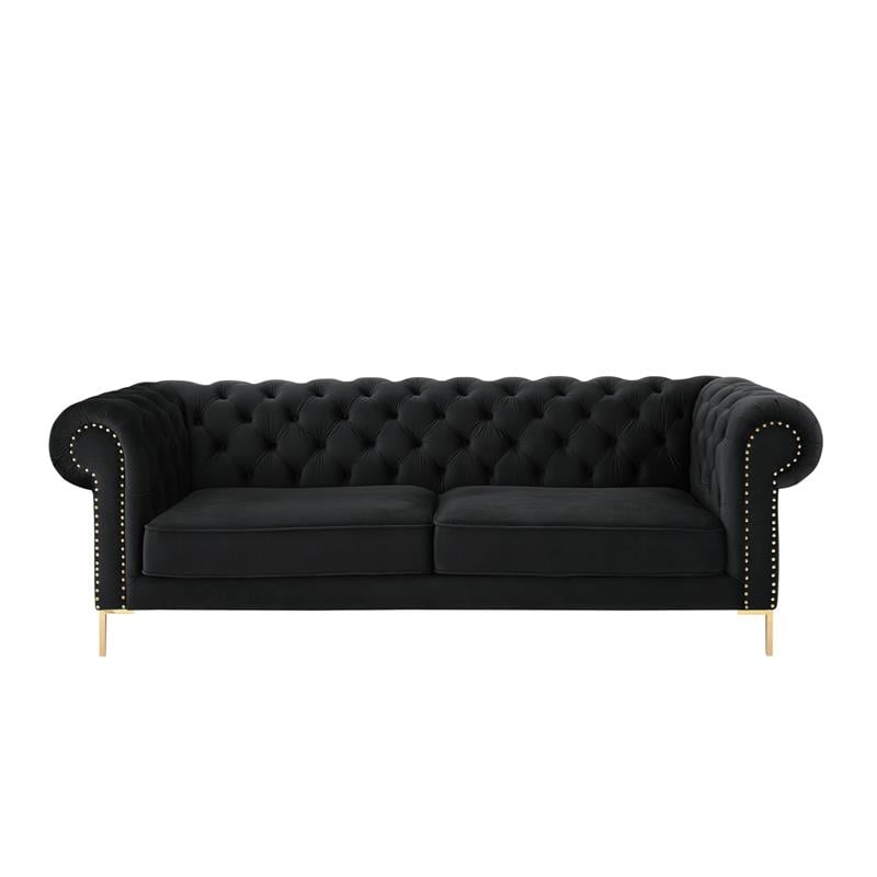Arlette Sofa Black Velvet  Button Tufted Gold Nailhead Trim Sinuous Springs