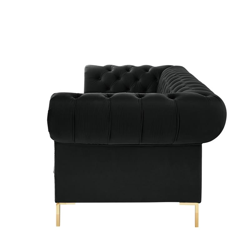 Arlette Sofa Black Velvet  Button Tufted Gold Nailhead Trim Sinuous Springs