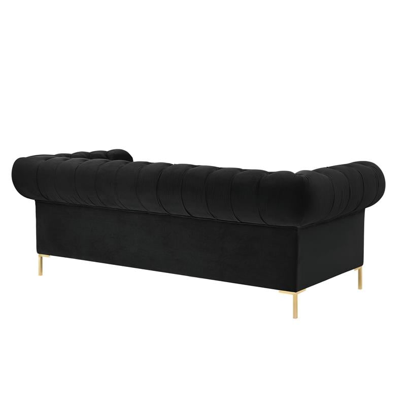 Arlette Sofa Black Velvet  Button Tufted Gold Nailhead Trim Sinuous Springs